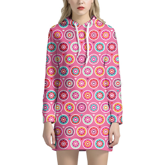 Pink Girly Flower Pattern Print Hoodie Dress