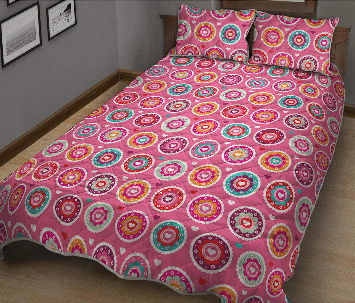 Pink Girly Flower Pattern Print Quilt Bed Set