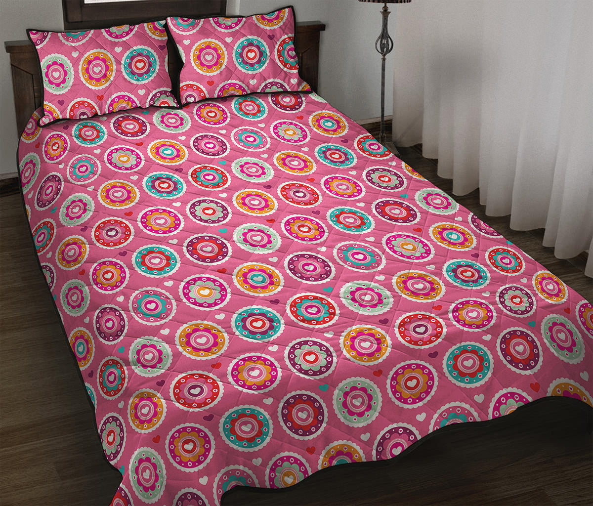 Pink Girly Flower Pattern Print Quilt Bed Set