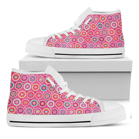 Pink Girly Flower Pattern Print White High Top Shoes