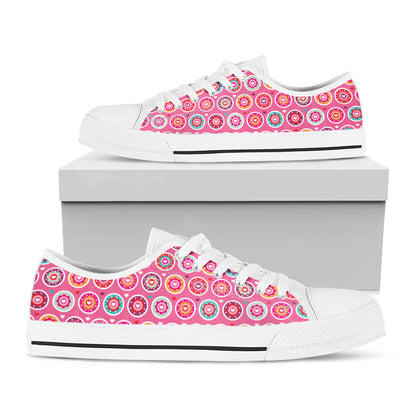 Pink Girly Flower Pattern Print White Low Top Shoes