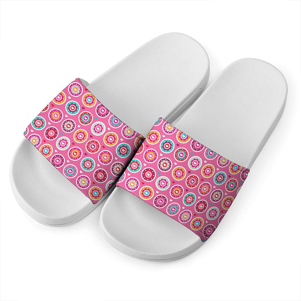 Pink Girly Flower Pattern Print White Slide Sandals