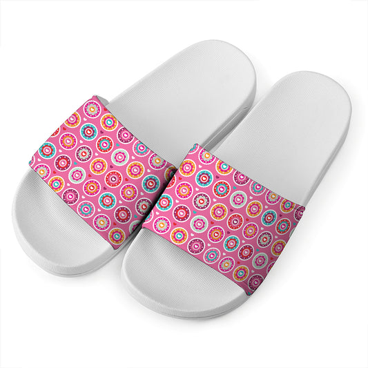 Pink Girly Flower Pattern Print White Slide Sandals