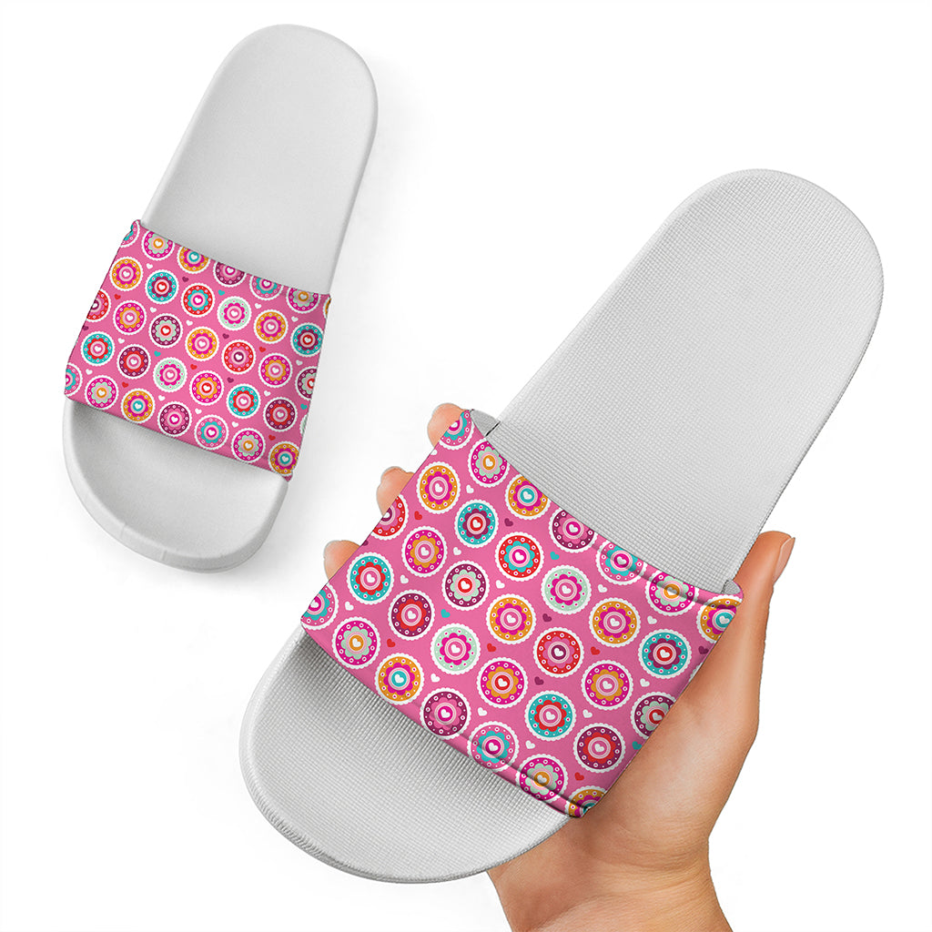 Pink Girly Flower Pattern Print White Slide Sandals