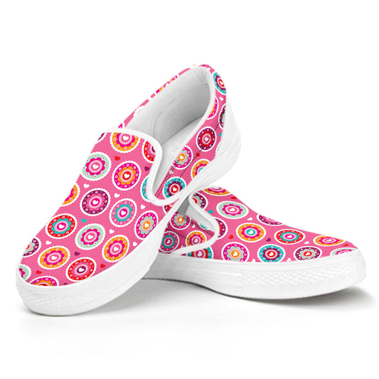 Pink Girly Flower Pattern Print White Slip On Shoes