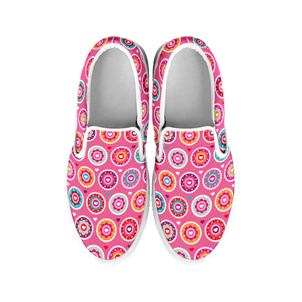 Pink Girly Flower Pattern Print White Slip On Shoes