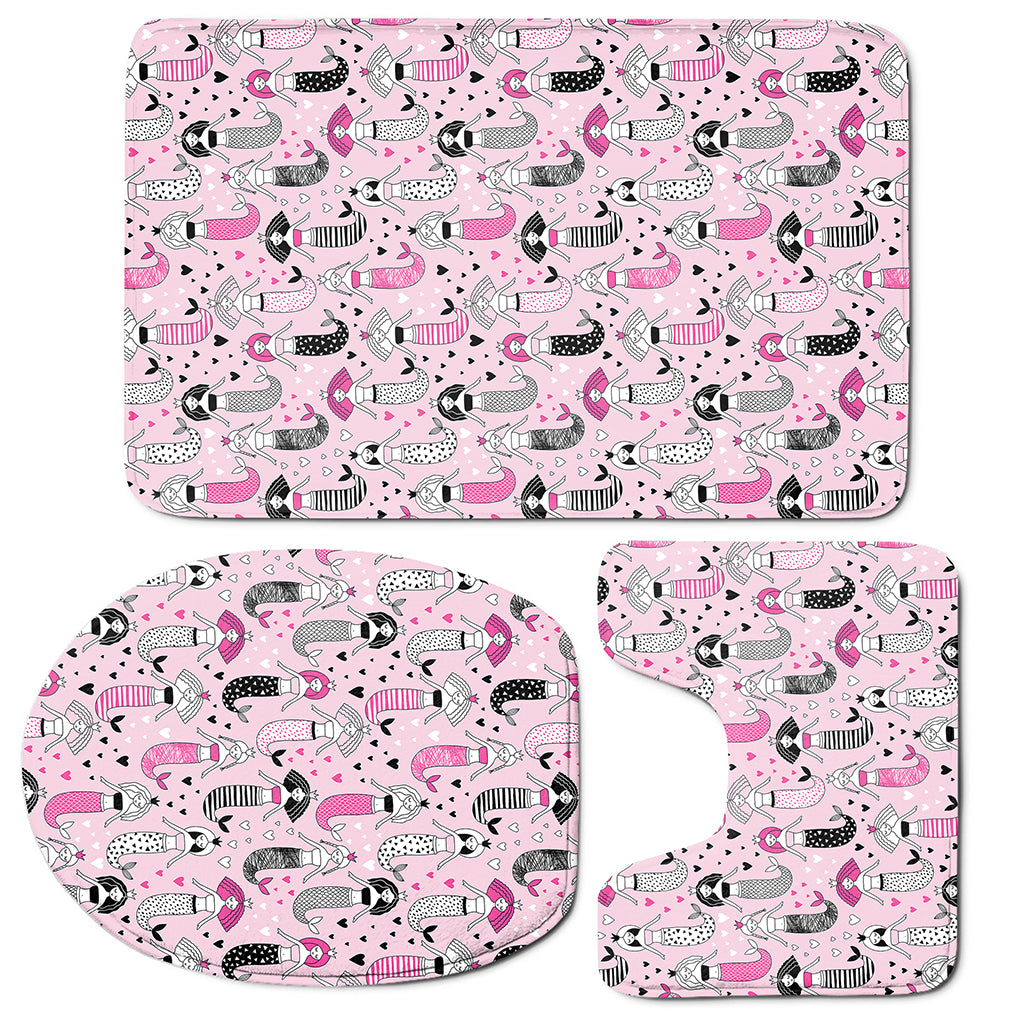 Pink Girly Mermaid Pattern Print 3 Piece Bath Mat Set