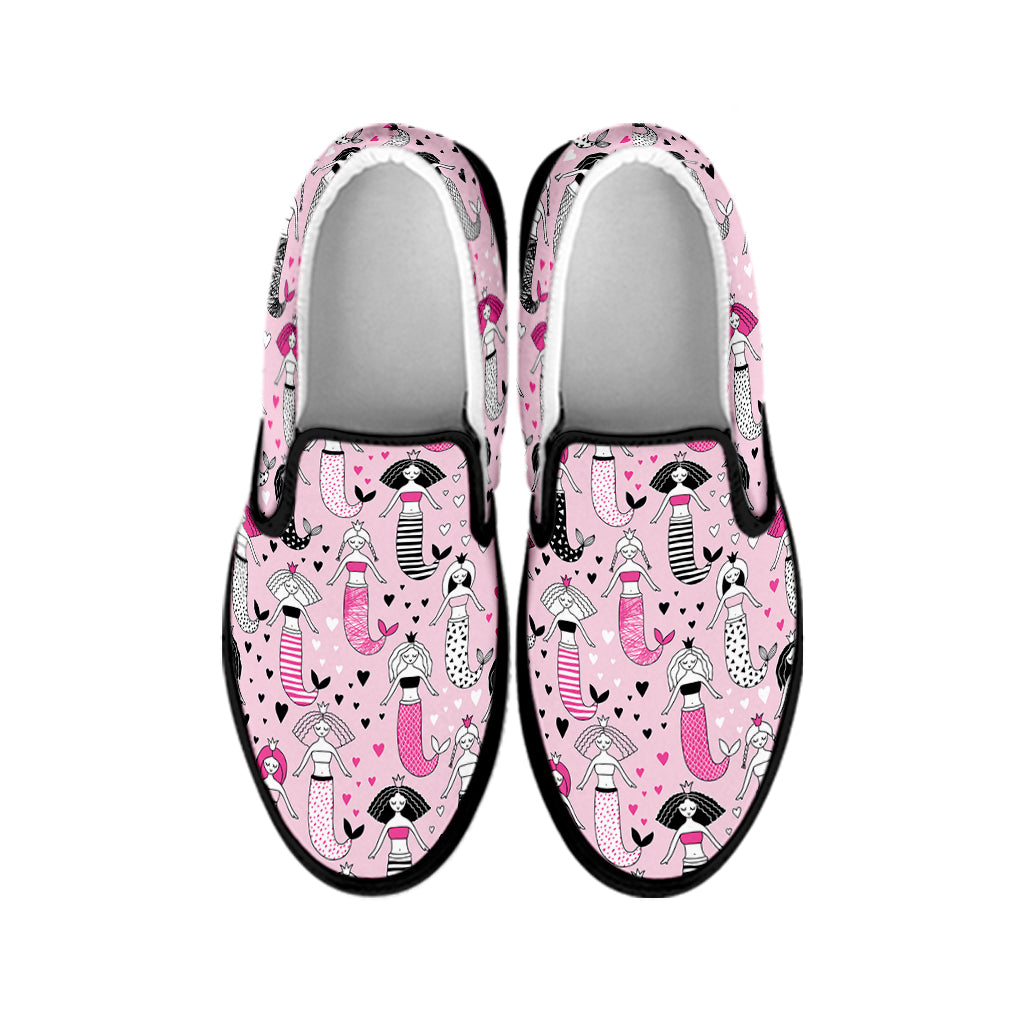 Pink Girly Mermaid Pattern Print Black Slip On Shoes