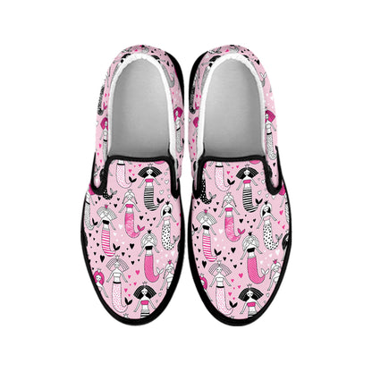 Pink Girly Mermaid Pattern Print Black Slip On Shoes