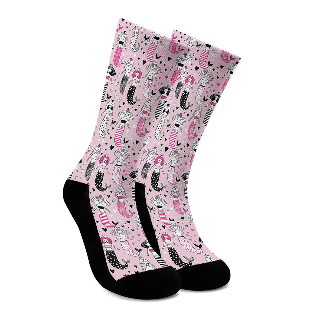 Pink Girly Mermaid Pattern Print Crew Socks