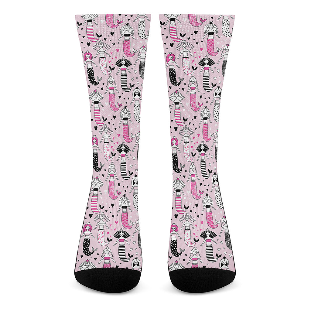 Pink Girly Mermaid Pattern Print Crew Socks