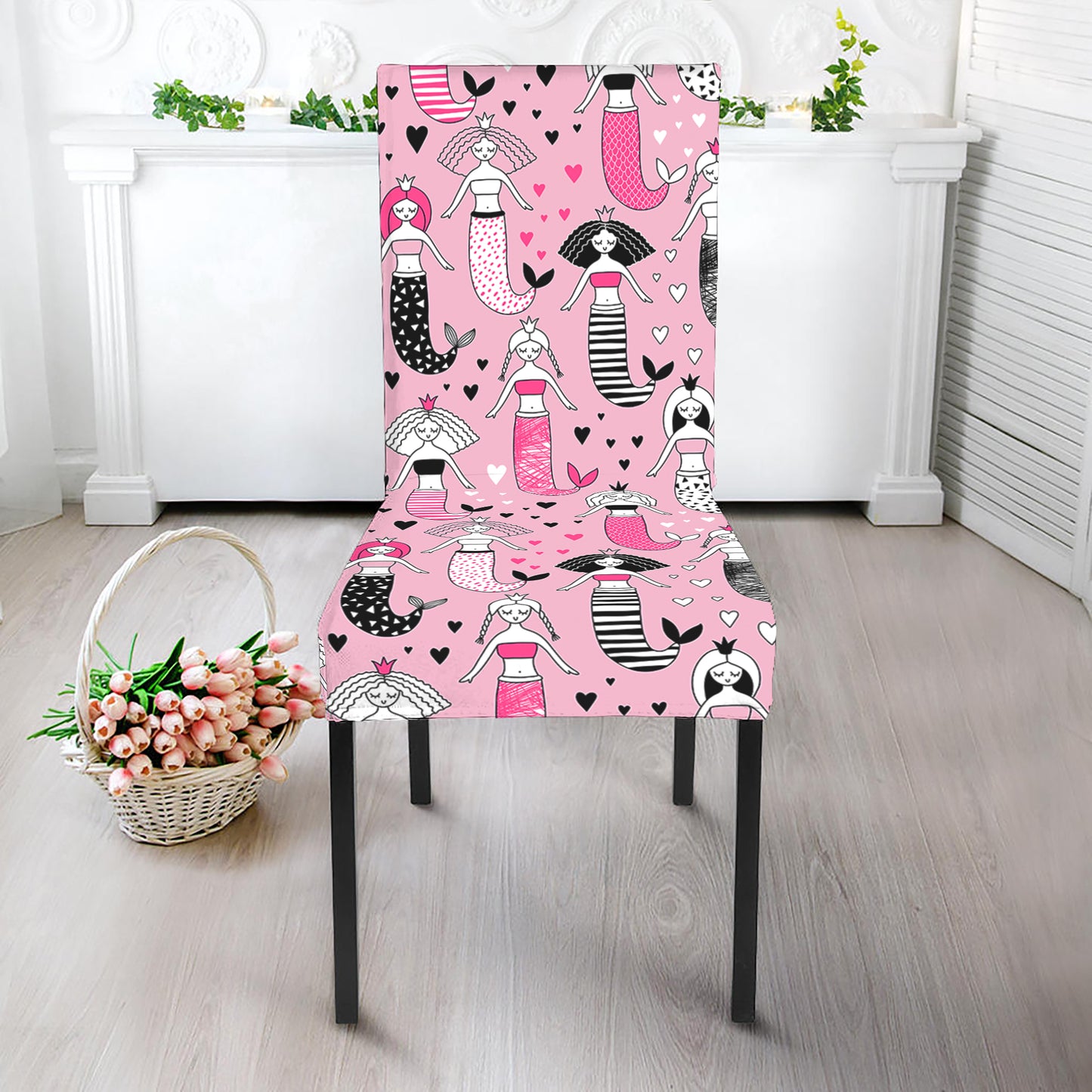 Pink Girly Mermaid Pattern Print Dining Chair Slipcover