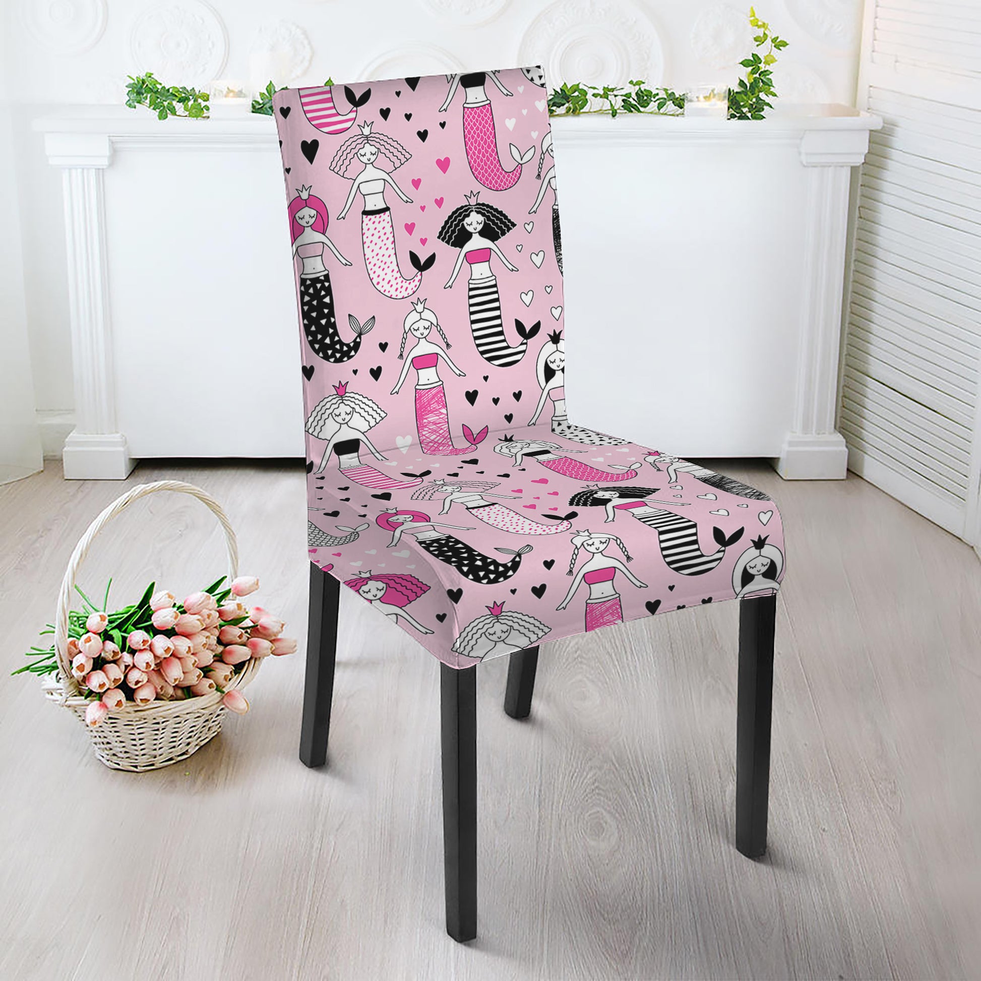 Pink Girly Mermaid Pattern Print Dining Chair Slipcover