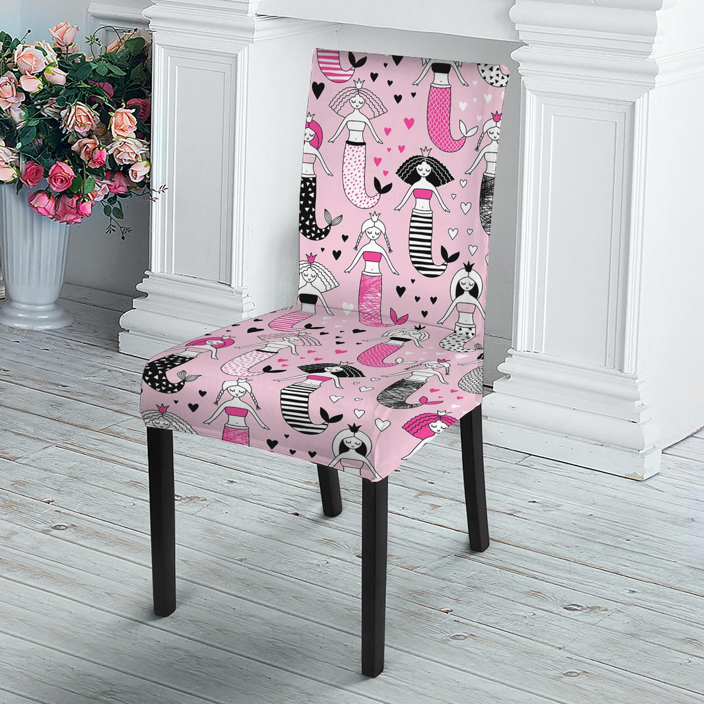 Pink Girly Mermaid Pattern Print Dining Chair Slipcover