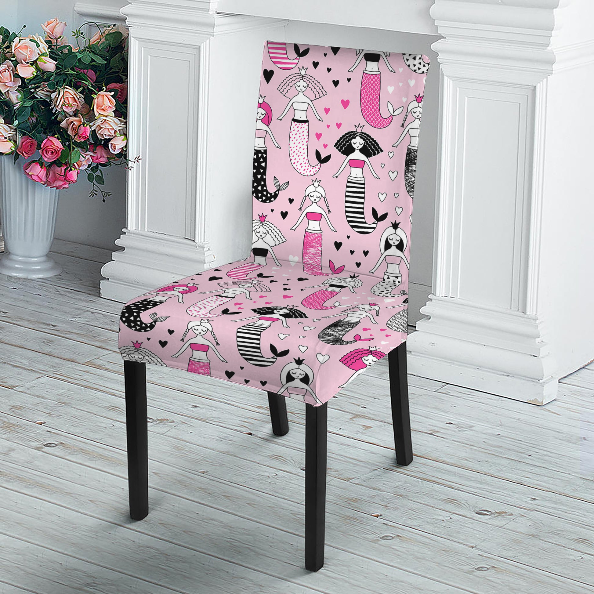 Pink Girly Mermaid Pattern Print Dining Chair Slipcover