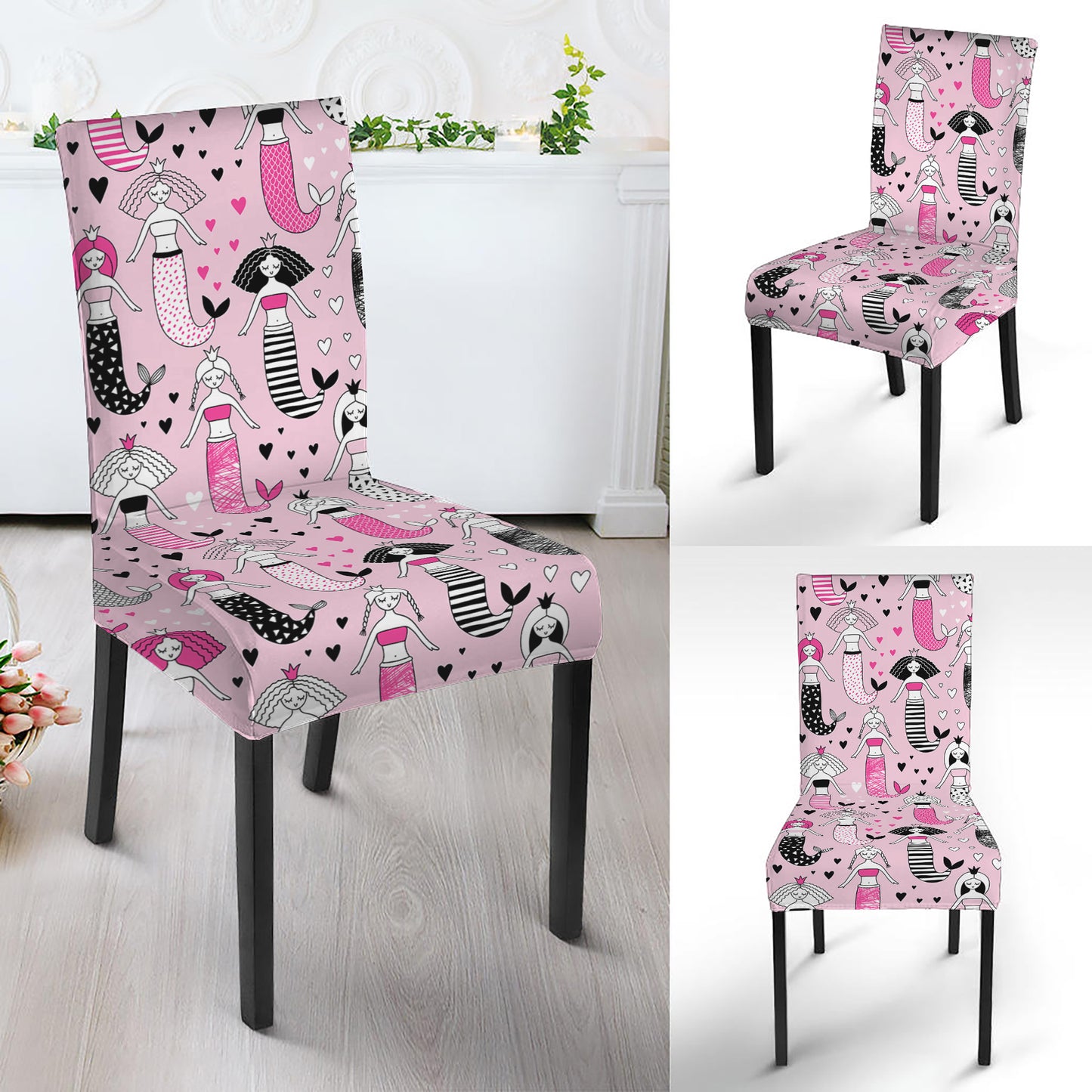 Pink Girly Mermaid Pattern Print Dining Chair Slipcover