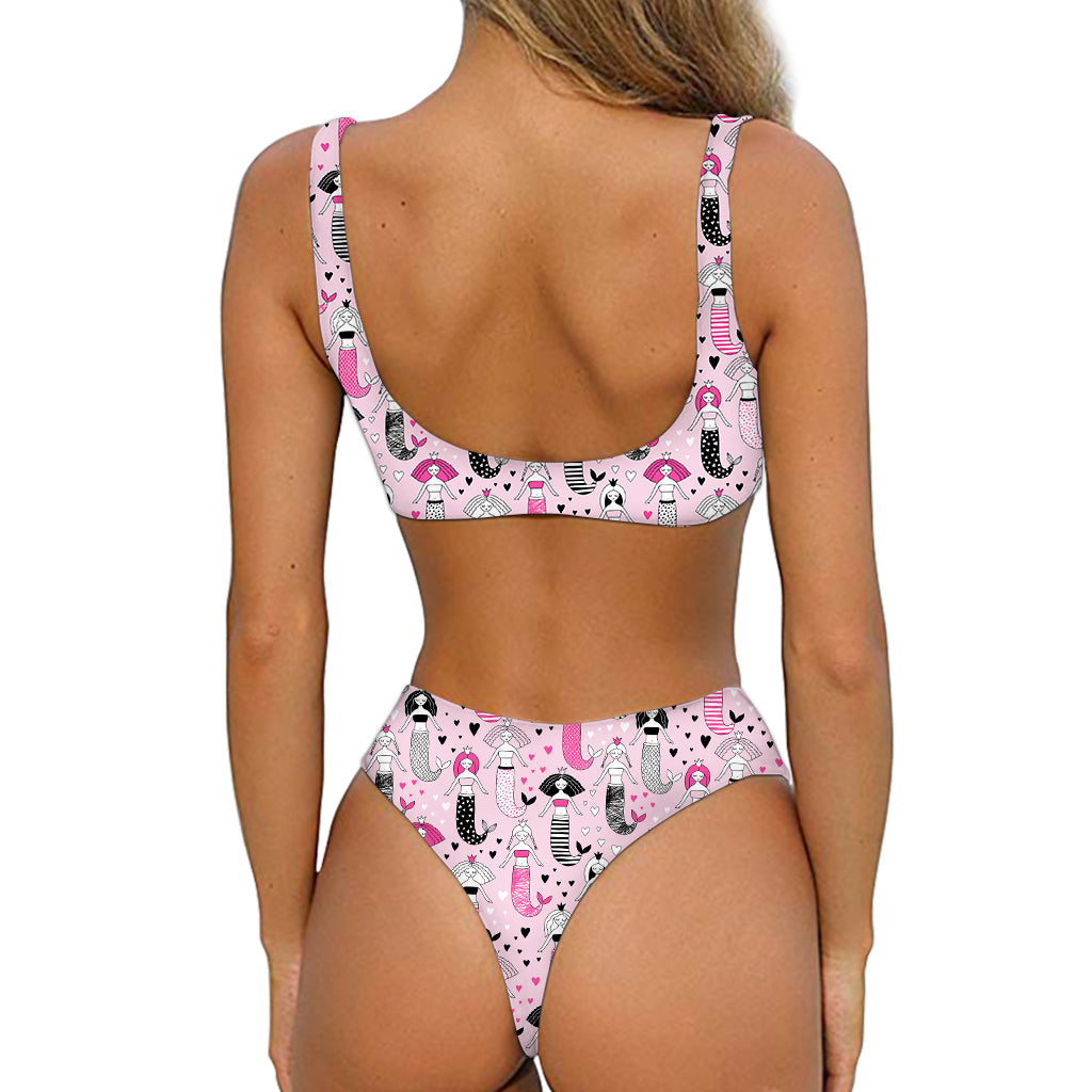 Pink Girly Mermaid Pattern Print Front Bow Tie Bikini
