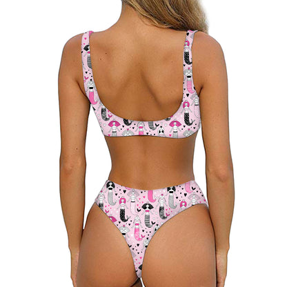 Pink Girly Mermaid Pattern Print Front Bow Tie Bikini
