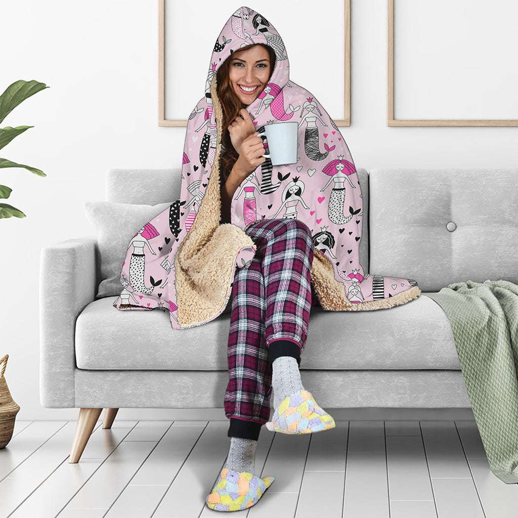Pink Girly Mermaid Pattern Print Hooded Blanket