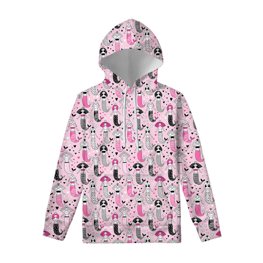 Pink Girly Mermaid Pattern Print Pullover Hoodie