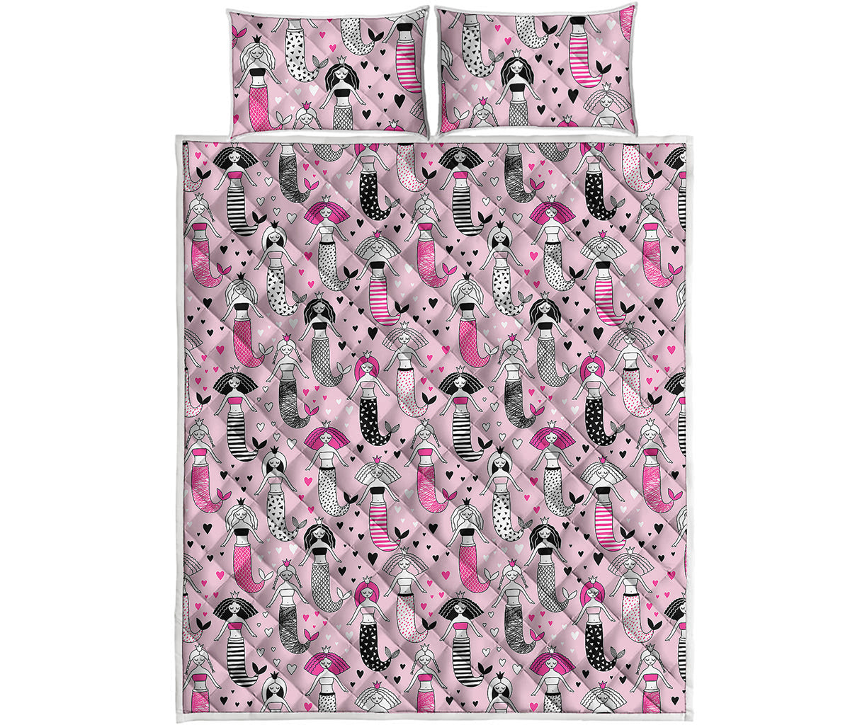Pink Girly Mermaid Pattern Print Quilt Bed Set