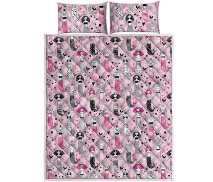 Pink Girly Mermaid Pattern Print Quilt Bed Set