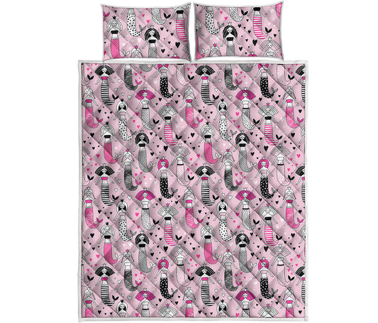 Pink Girly Mermaid Pattern Print Quilt Bed Set
