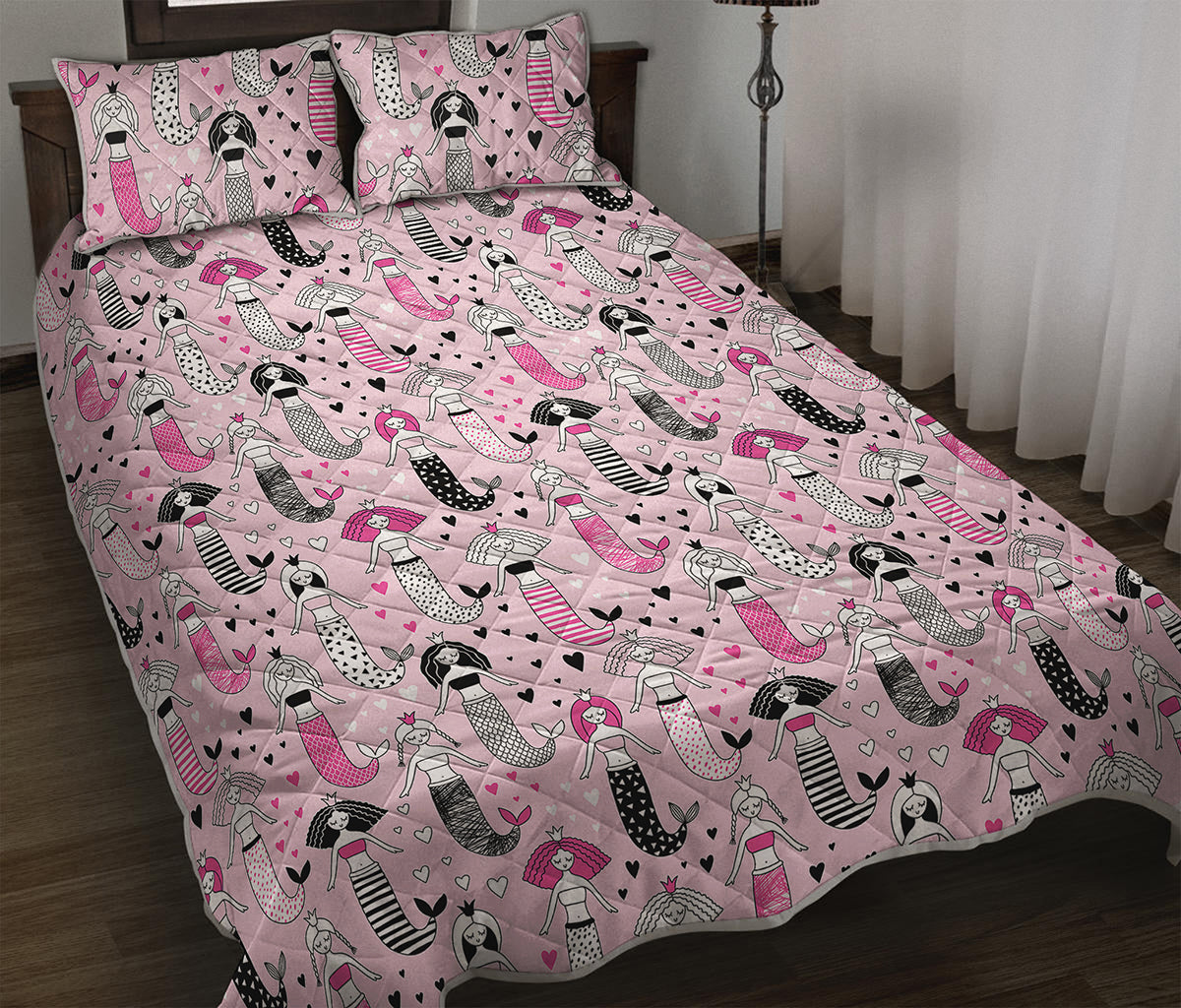 Pink Girly Mermaid Pattern Print Quilt Bed Set