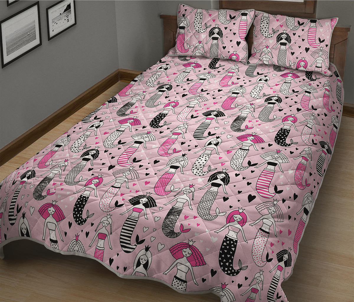 Pink Girly Mermaid Pattern Print Quilt Bed Set