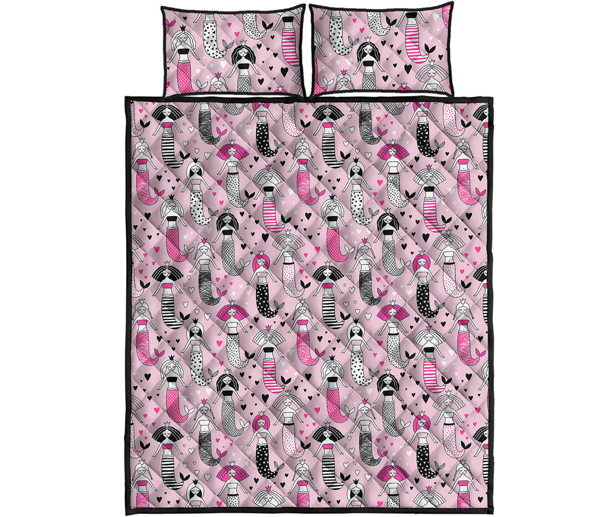 Pink Girly Mermaid Pattern Print Quilt Bed Set
