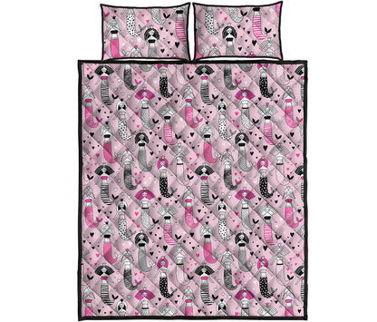 Pink Girly Mermaid Pattern Print Quilt Bed Set