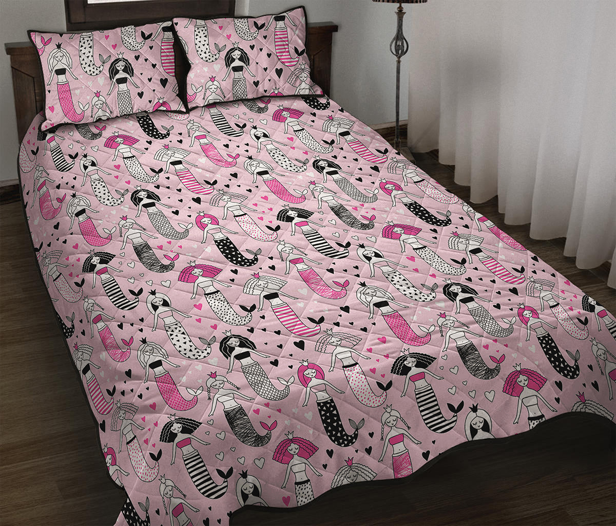 Pink Girly Mermaid Pattern Print Quilt Bed Set