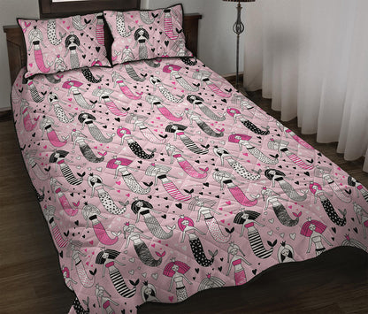Pink Girly Mermaid Pattern Print Quilt Bed Set