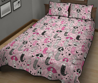 Pink Girly Mermaid Pattern Print Quilt Bed Set