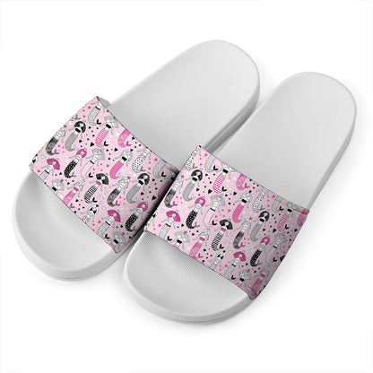 Pink Girly Mermaid Pattern Print White Slide Sandals