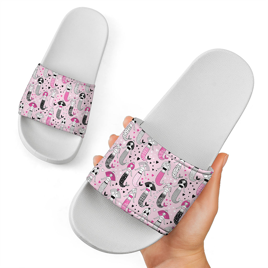 Pink Girly Mermaid Pattern Print White Slide Sandals