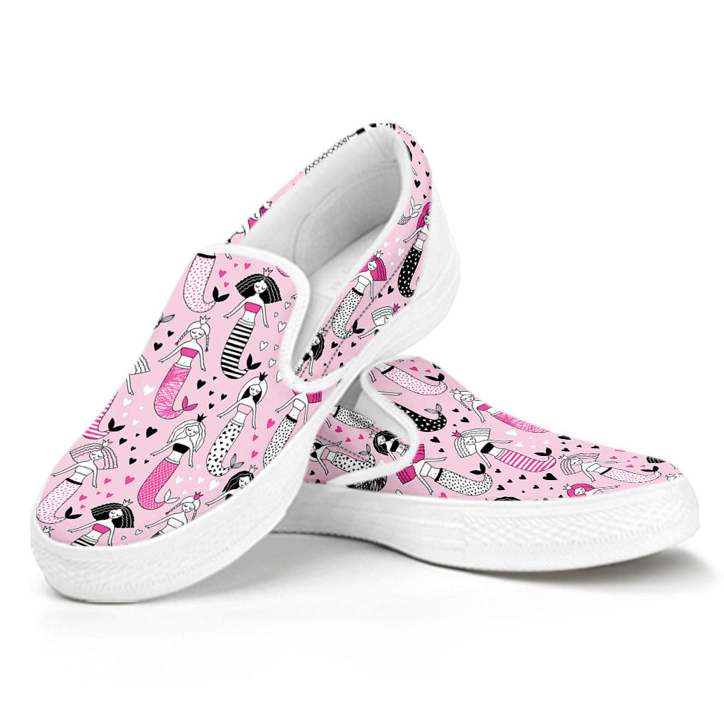 Pink Girly Mermaid Pattern Print White Slip On Shoes