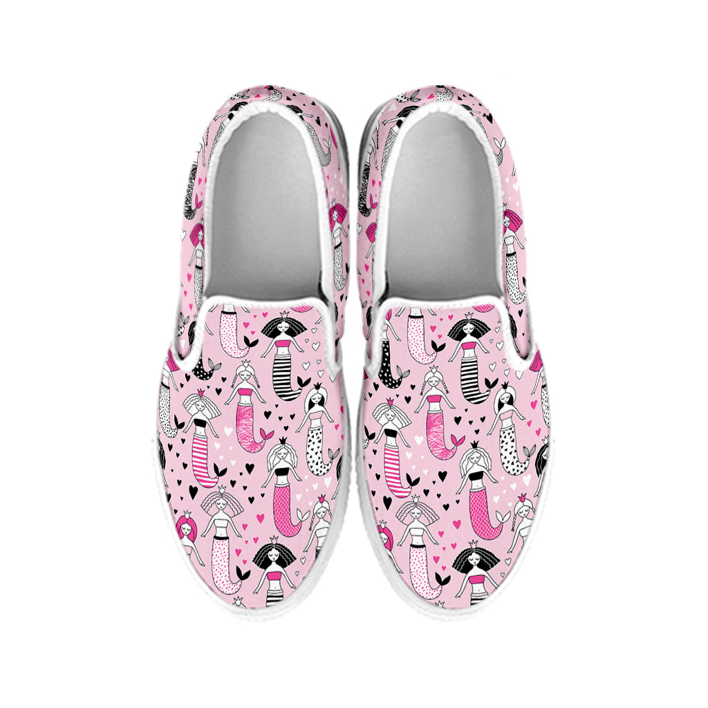 Pink Girly Mermaid Pattern Print White Slip On Shoes