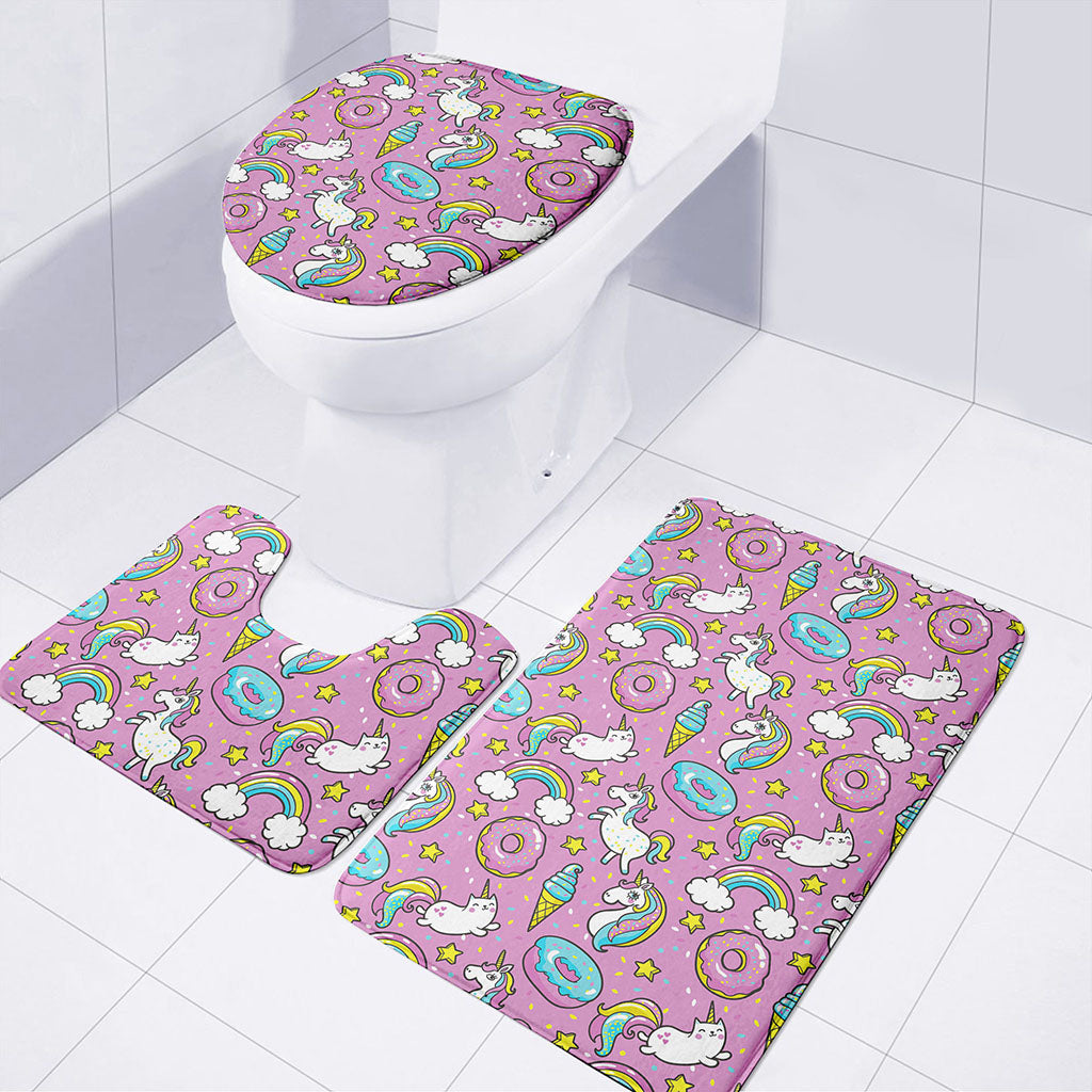 Pink Girly Unicorn Donut Pattern Print 3 Piece Bath Mat Set