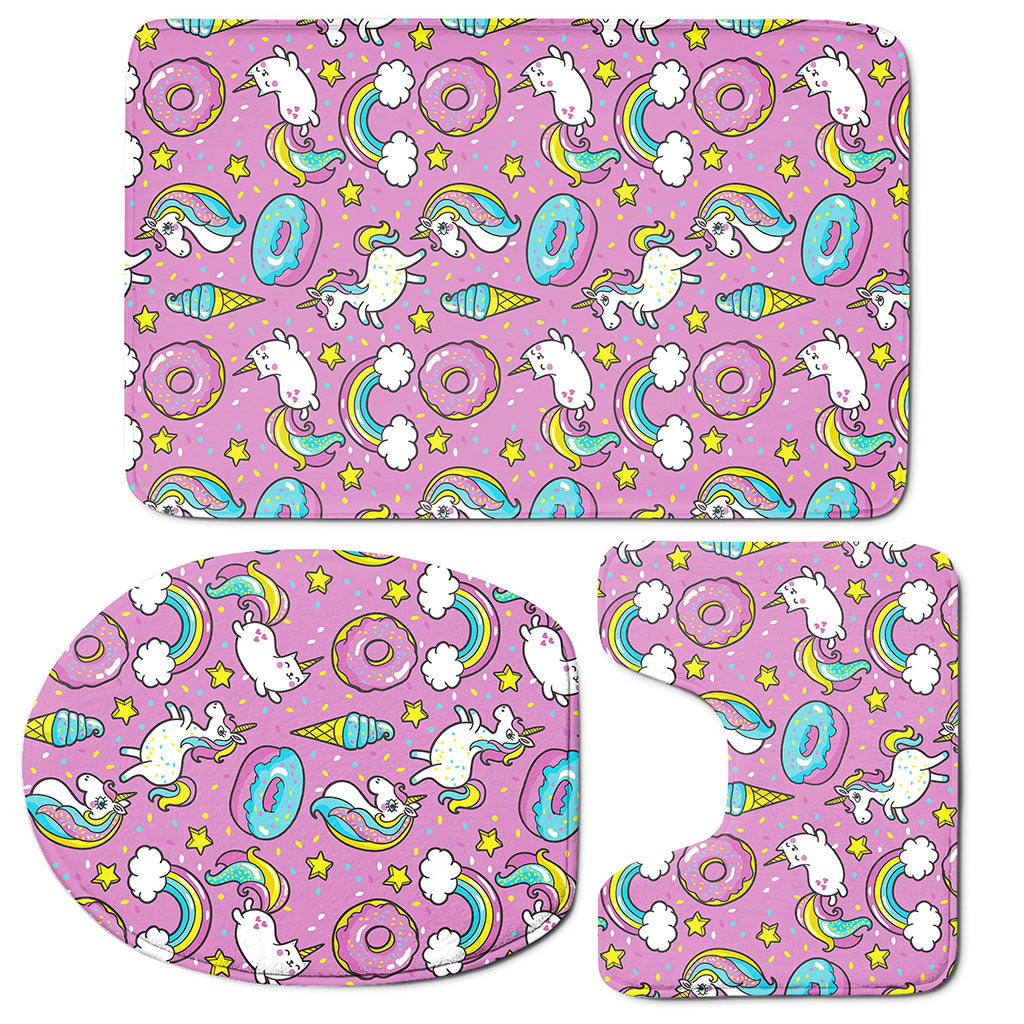 Pink Girly Unicorn Donut Pattern Print 3 Piece Bath Mat Set