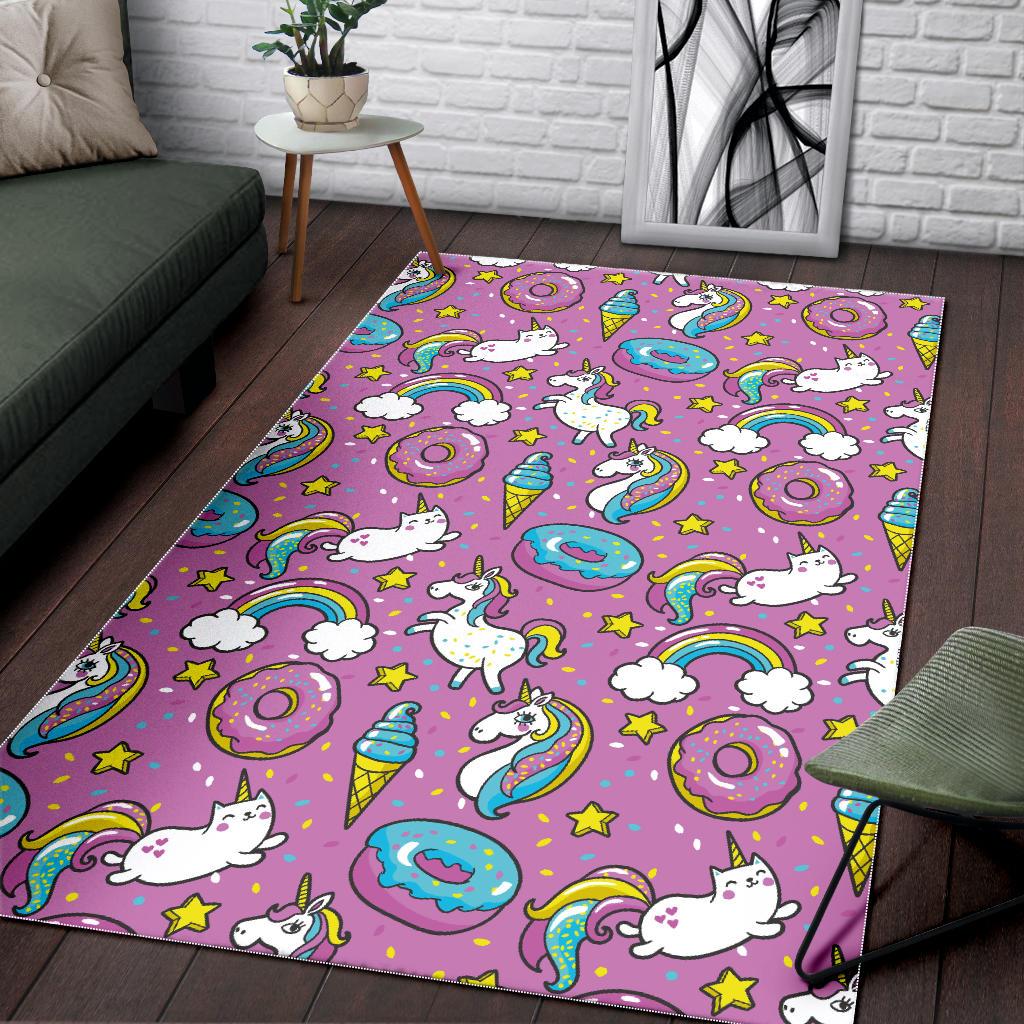 Pink Girly Unicorn Donut Pattern Print Area Rug GearFrost