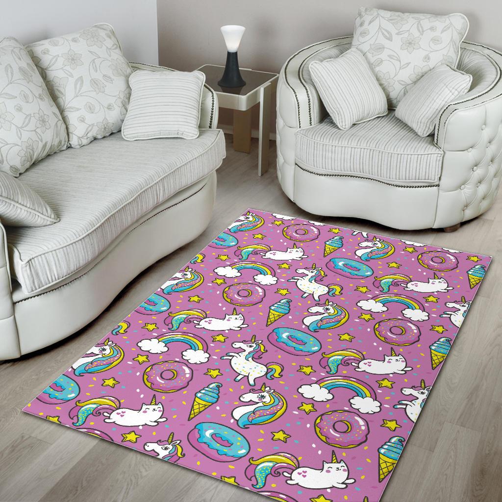 Pink Girly Unicorn Donut Pattern Print Area Rug GearFrost