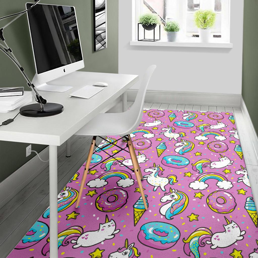 Pink Girly Unicorn Donut Pattern Print Area Rug GearFrost