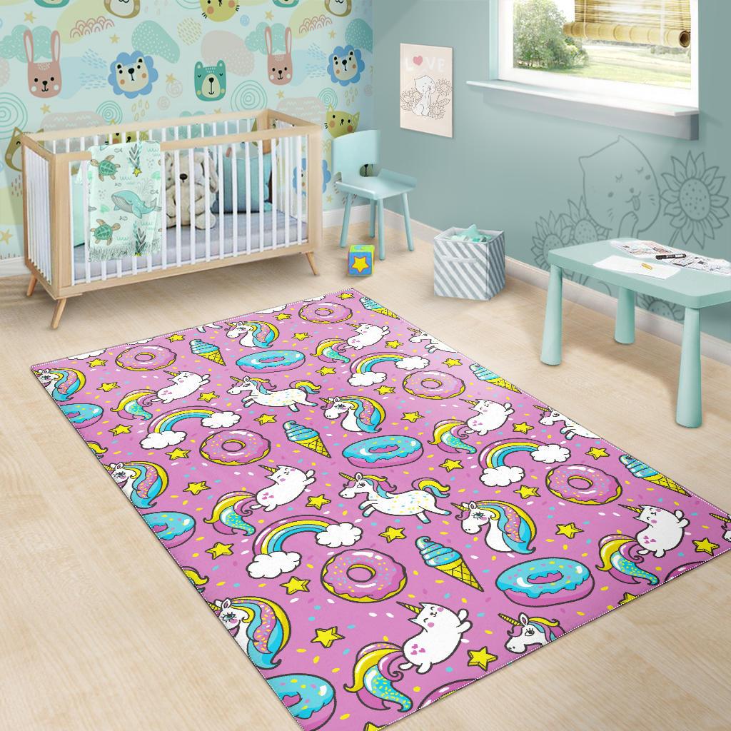 Pink Girly Unicorn Donut Pattern Print Area Rug GearFrost