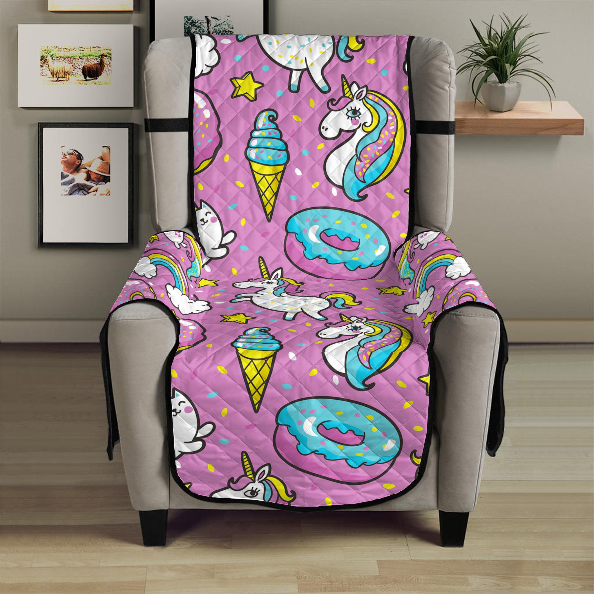 Pink Girly Unicorn Donut Pattern Print Armchair Protector