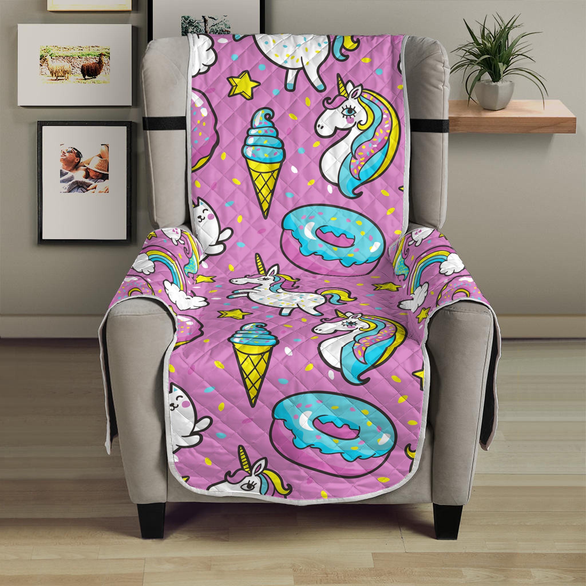 Pink Girly Unicorn Donut Pattern Print Armchair Protector