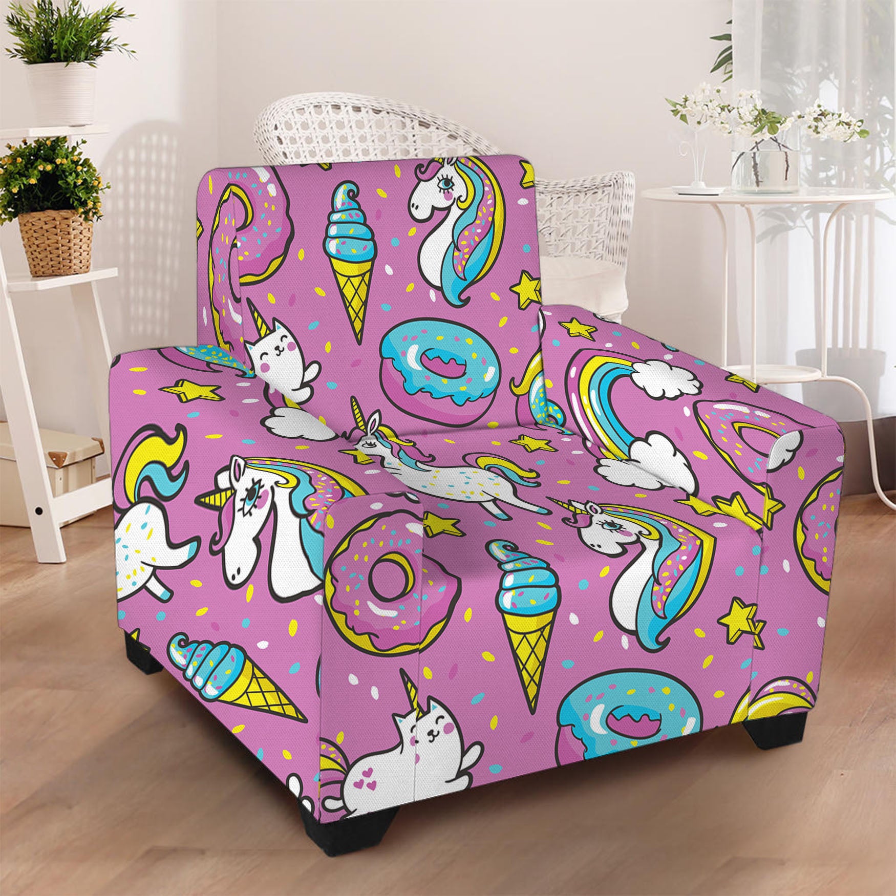 Pink Girly Unicorn Donut Pattern Print Armchair Slipcover