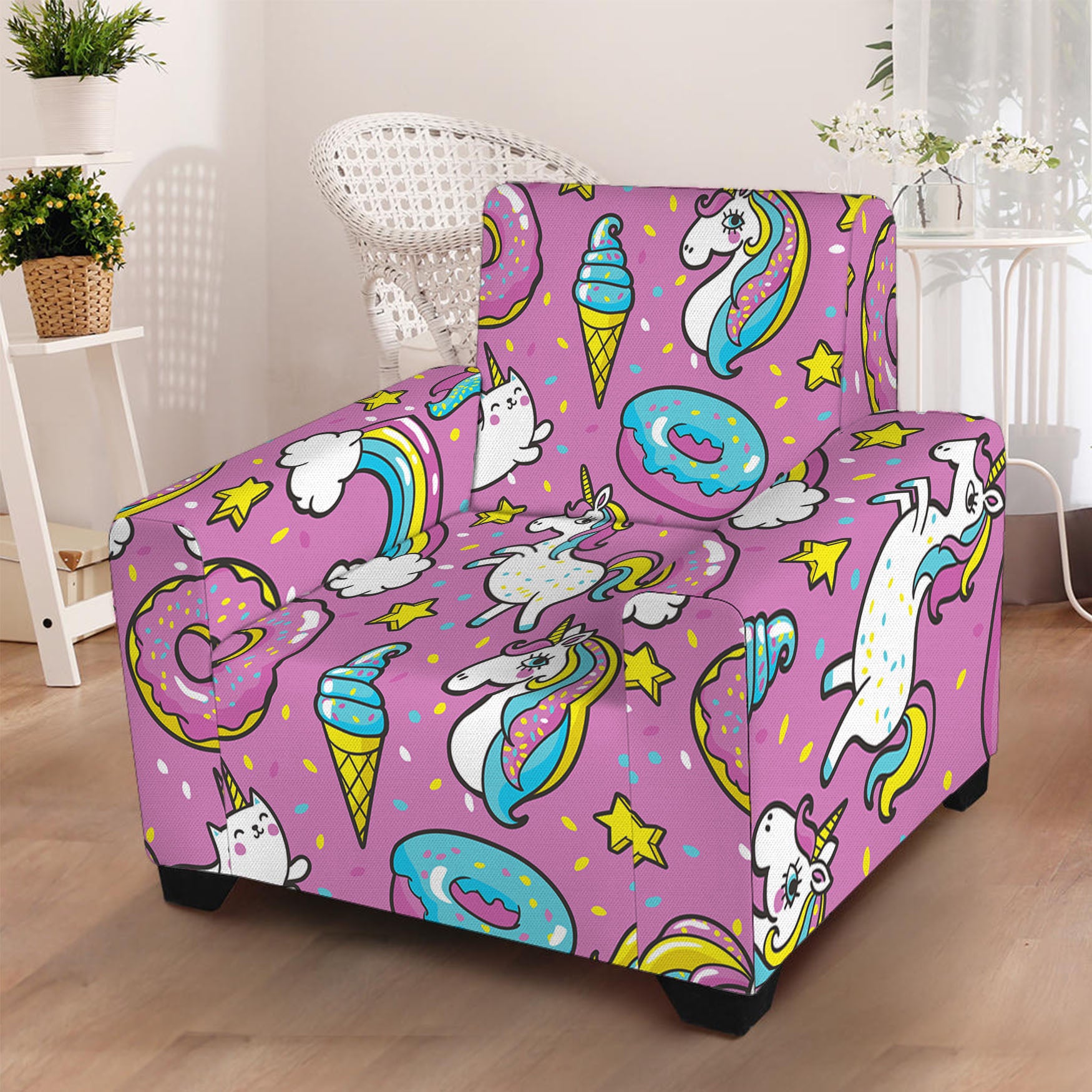 Pink Girly Unicorn Donut Pattern Print Armchair Slipcover