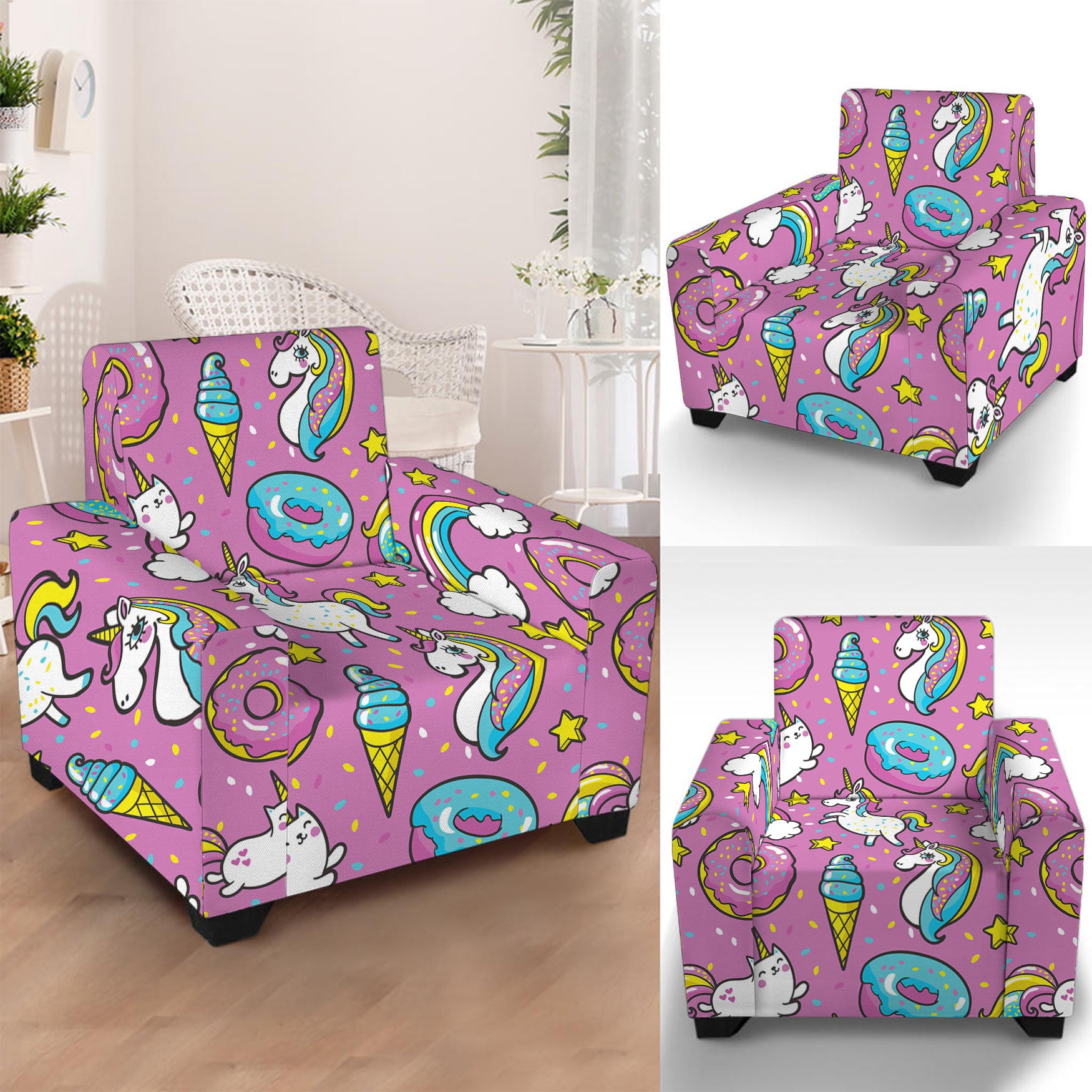 Pink Girly Unicorn Donut Pattern Print Armchair Slipcover