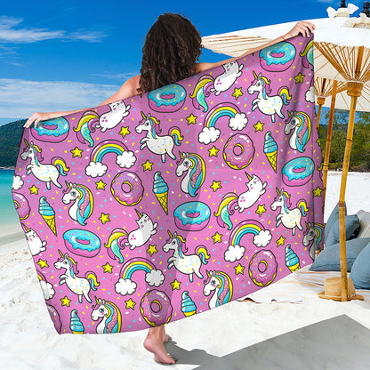 Pink Girly Unicorn Donut Pattern Print Beach Sarong Wrap